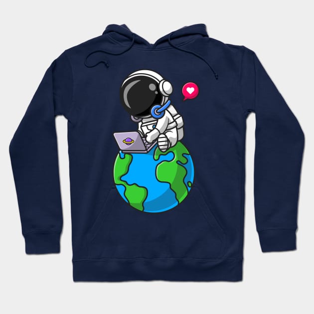 Cute Astronaut Working With Laptop On Earth Cartoon Hoodie by Catalyst Labs